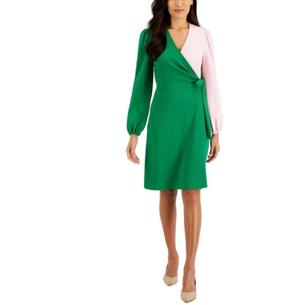 Kasper Fall V-Neck Green Textured Sheath Dress Business Puff Sleeves 2X Midi NWT